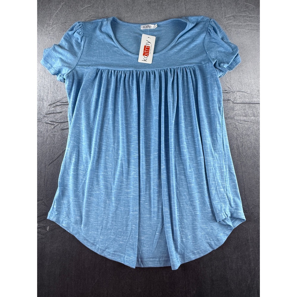 KOITMY Women Blue Heathered Babydoll Top Short Puff Sleeve Empire Waist XL NWT